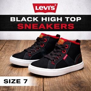 Levi’s Kids Black High Top Canvas Sneakers Red Eyelets Size 7